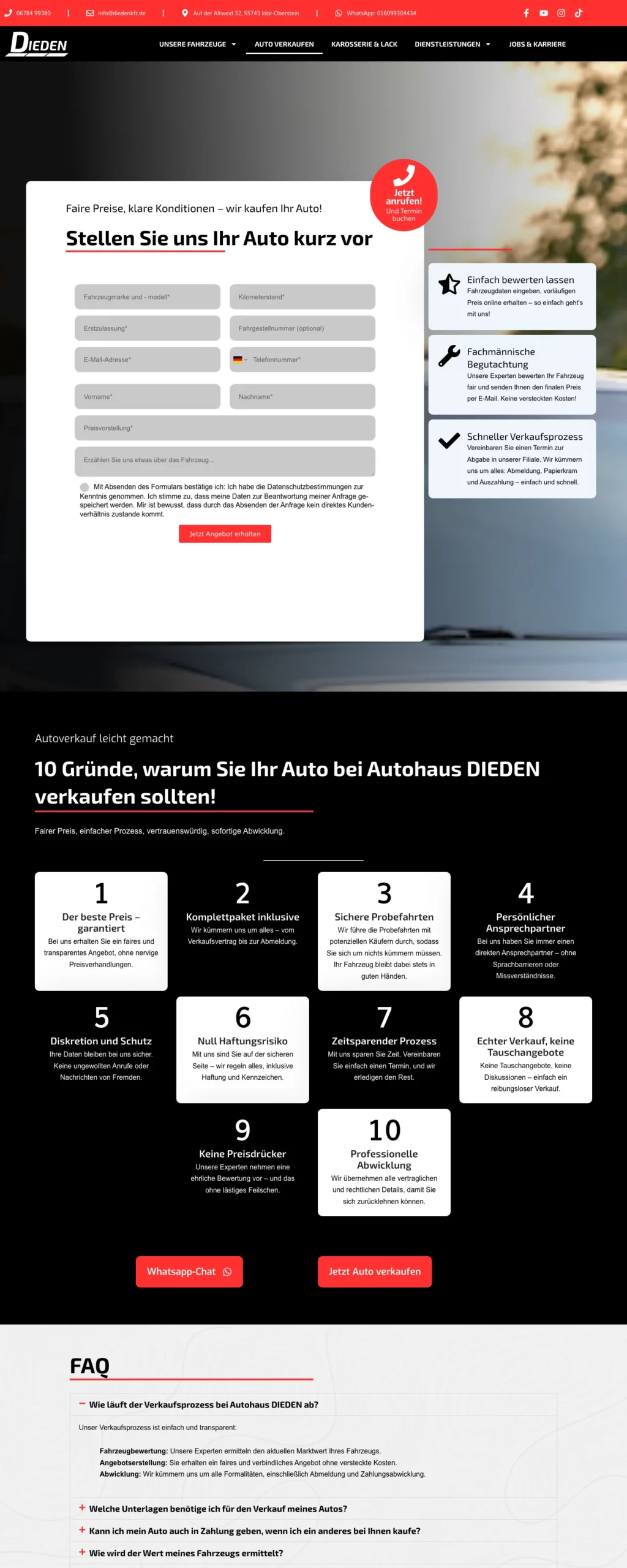 Autohaus Dieden – Screenshot der Fahrzeugankaufseite