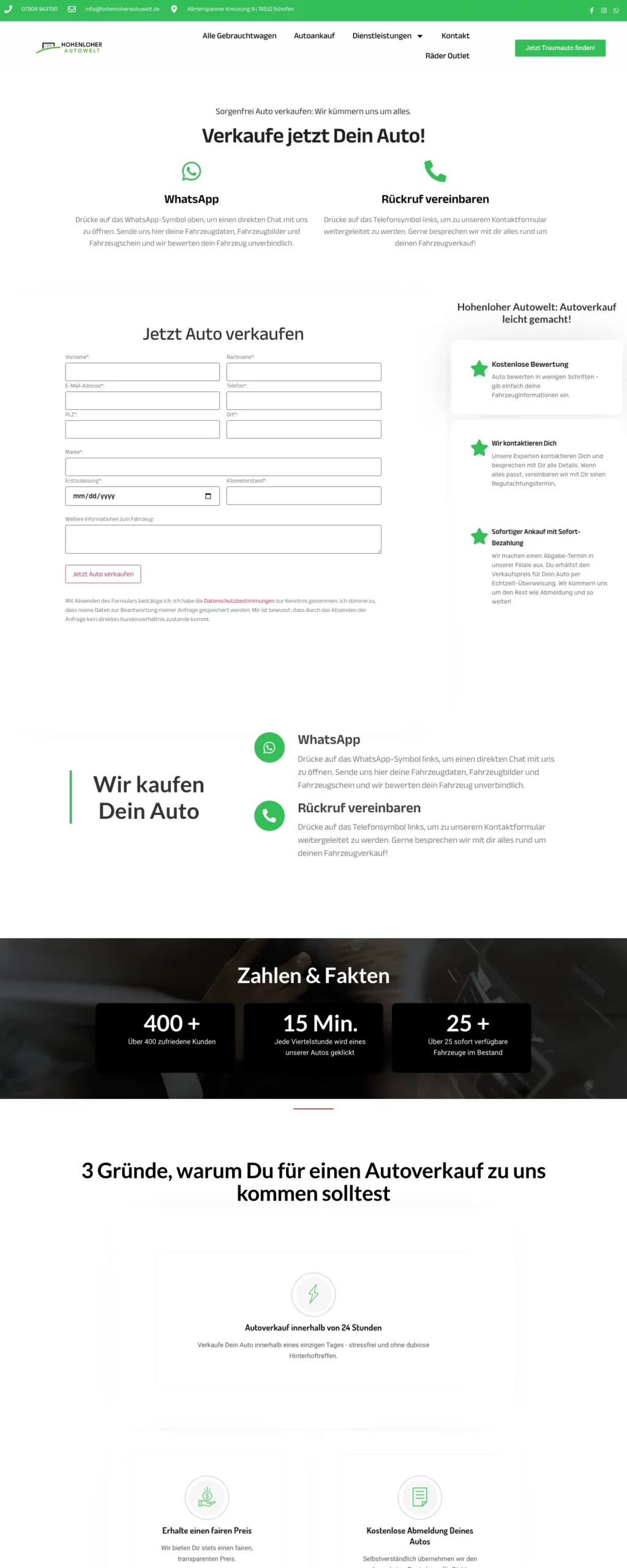Hohenloher Autowelt – Screenshot der Fahrzeugankaufseite
