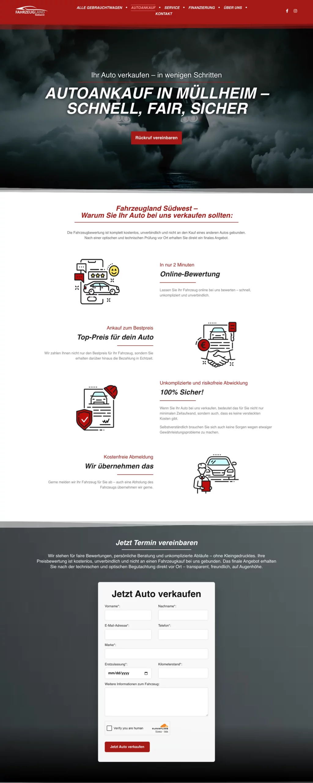 Fahrzeugland Südwest – Fahrzeugankauf-Landingpage mit Formular und weiteren Seitenabschnitten