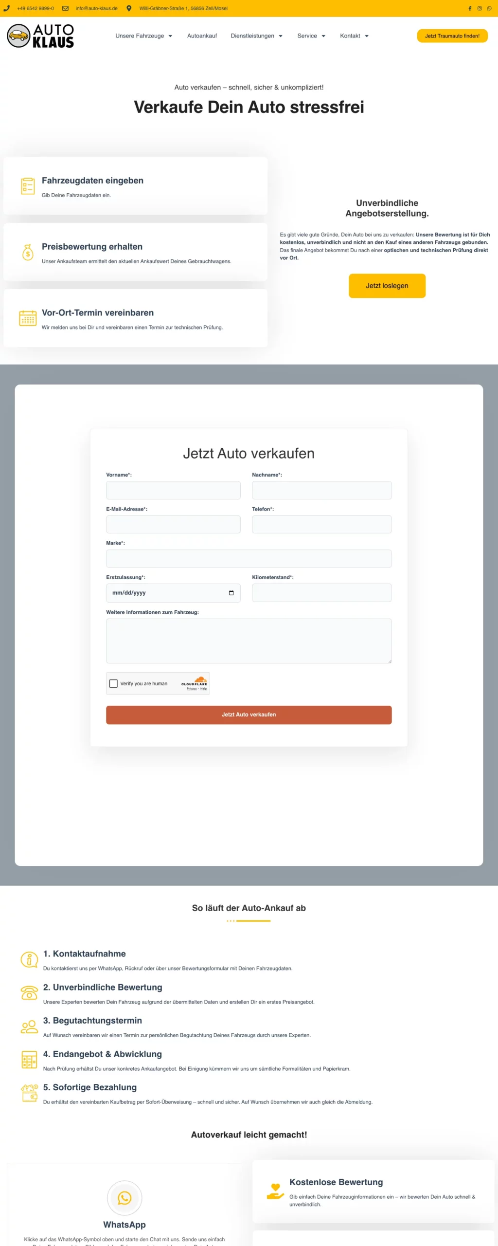Auto Klaus – Fahrzeugankauf-Landingpage mit Formular und weiteren Seitenabschnitten