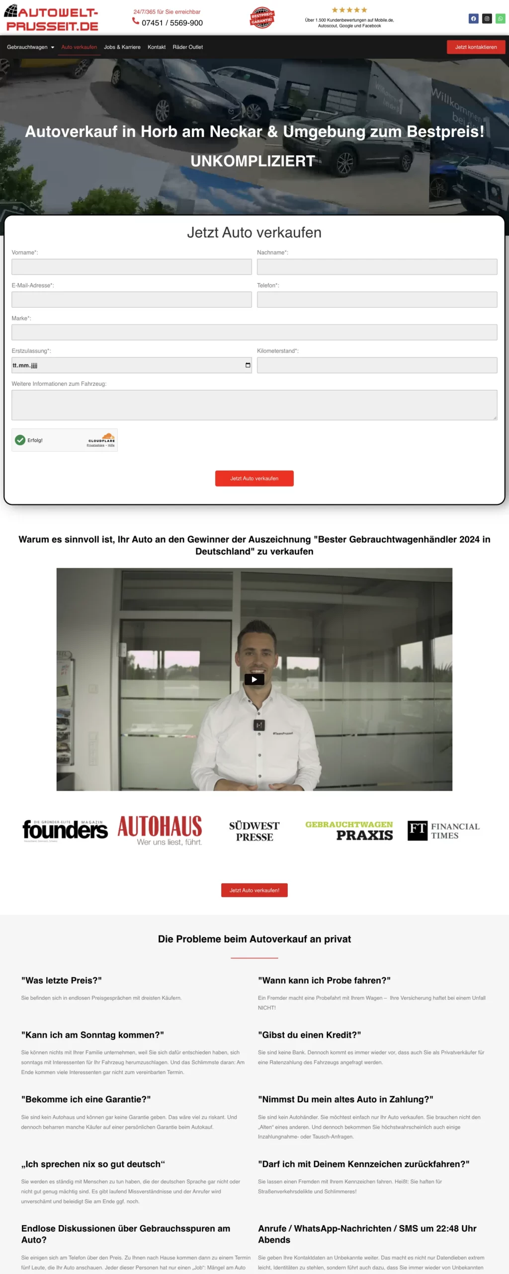 Autowelt Prusseit – Fahrzeugankauf-Landingpage mit Formular und weiteren Seitenabschnitten