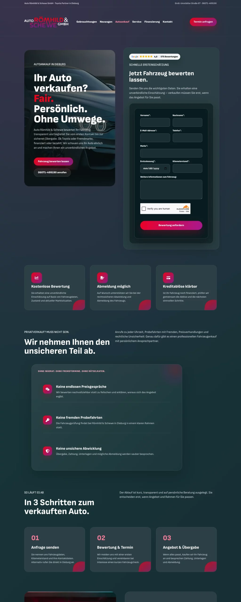 Römhild & Schewe – Fahrzeugankauf-Landingpage mit Formular und weiteren Seitenabschnitten