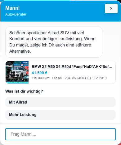 Originalansicht des KI-Beraters Manni bei Autohaus Bilz mit einer Fahrzeugempfehlung aus dem Bestand