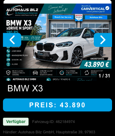 Mobile Fahrzeugdetailseite bei Autohaus Bilz mit Fahrzeugbild und Preis
